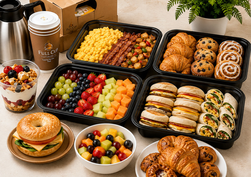 Office breakfast catering boxes, fruit, pastries and coffee