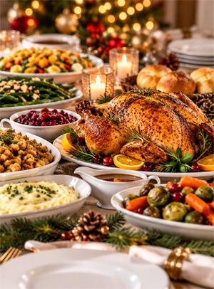 An elegant Christmas buffet or holiday dinner spread—turkey/roast, sides, salads, festive greenery and warm lights.
