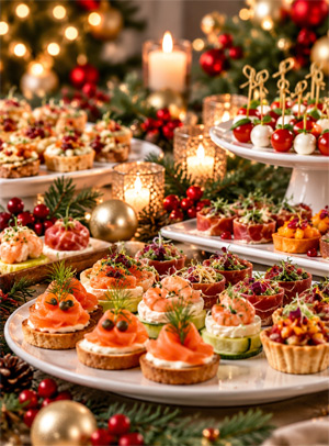 A more cocktail-style holiday spread—festive appetizers, canapés, platters, small bites and Christmas décor.